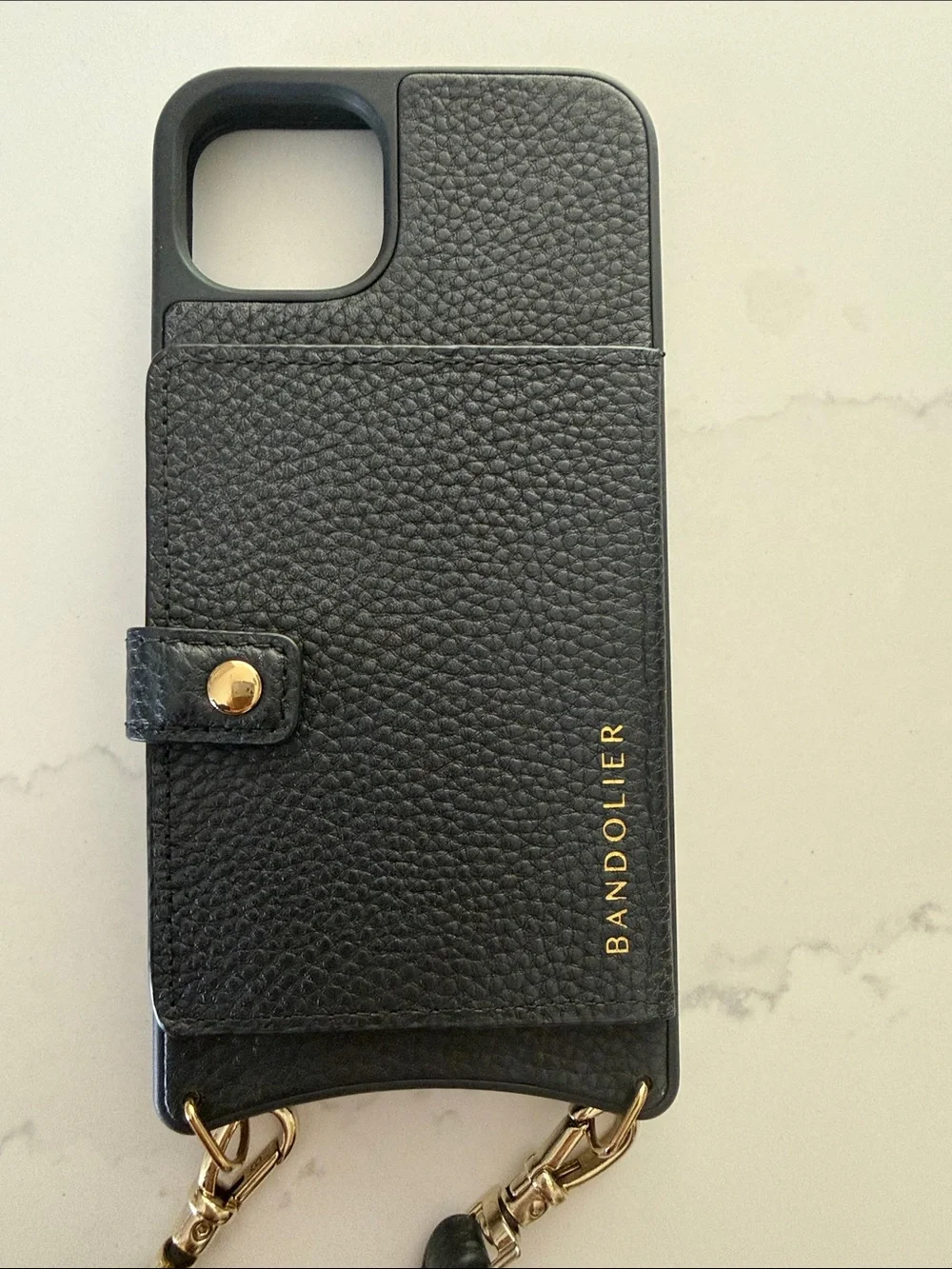 Bandolier Black Leather IPhone 14 Plus case and matching zippered pouch